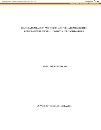 Más sobre Correlación del Factor de Cementación y las Propiedades de Formación de Carbonato a partir de Datos de Registros de Pozos para Nasiriyah.